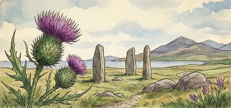 Watercolour painting of Scottish standing stones with thistles and Highland landscape